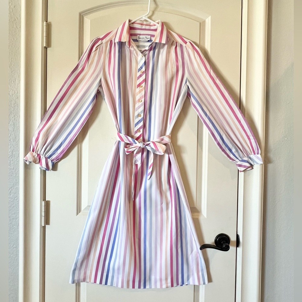 Vtg 70s Schrader Sport Pastel Striped Midi Shirt Dress | Belted Secretary Dress